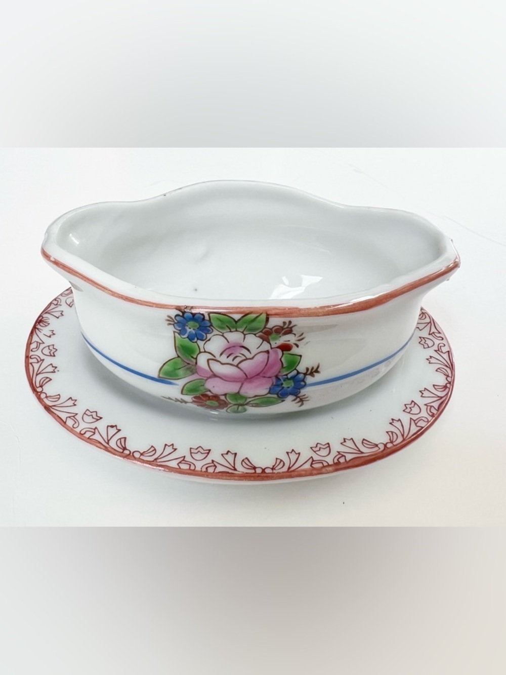 Vintage Little Hostess Dainty Pastel Pattern Toy Gravy Boat 4.5” X 3.25”